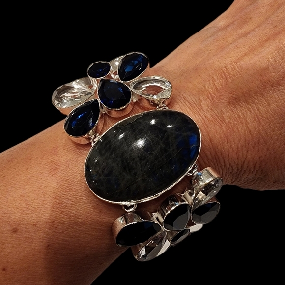 Blue sodalite gemstone bracelet silver + white topaz + blue faceted glass Q04 - Picture 10 of 14